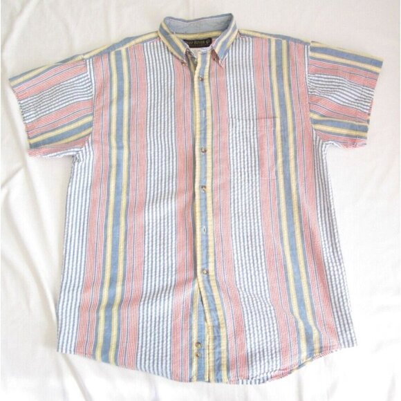 Vtg Men Deep River Trading Strip Button Cotton Short Sleeve Shirt Sz XL (MT426) - Picture 1 of 7